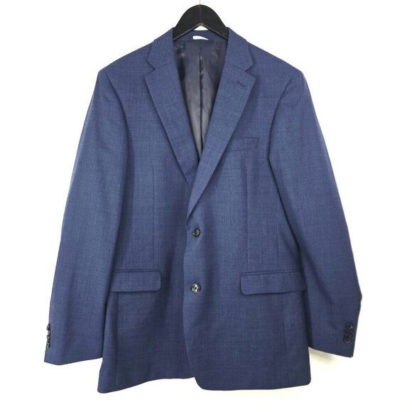Saks Fifth Avenue Navy Black Modern Fit Two Button Wool Plaid Blazer 42 Long